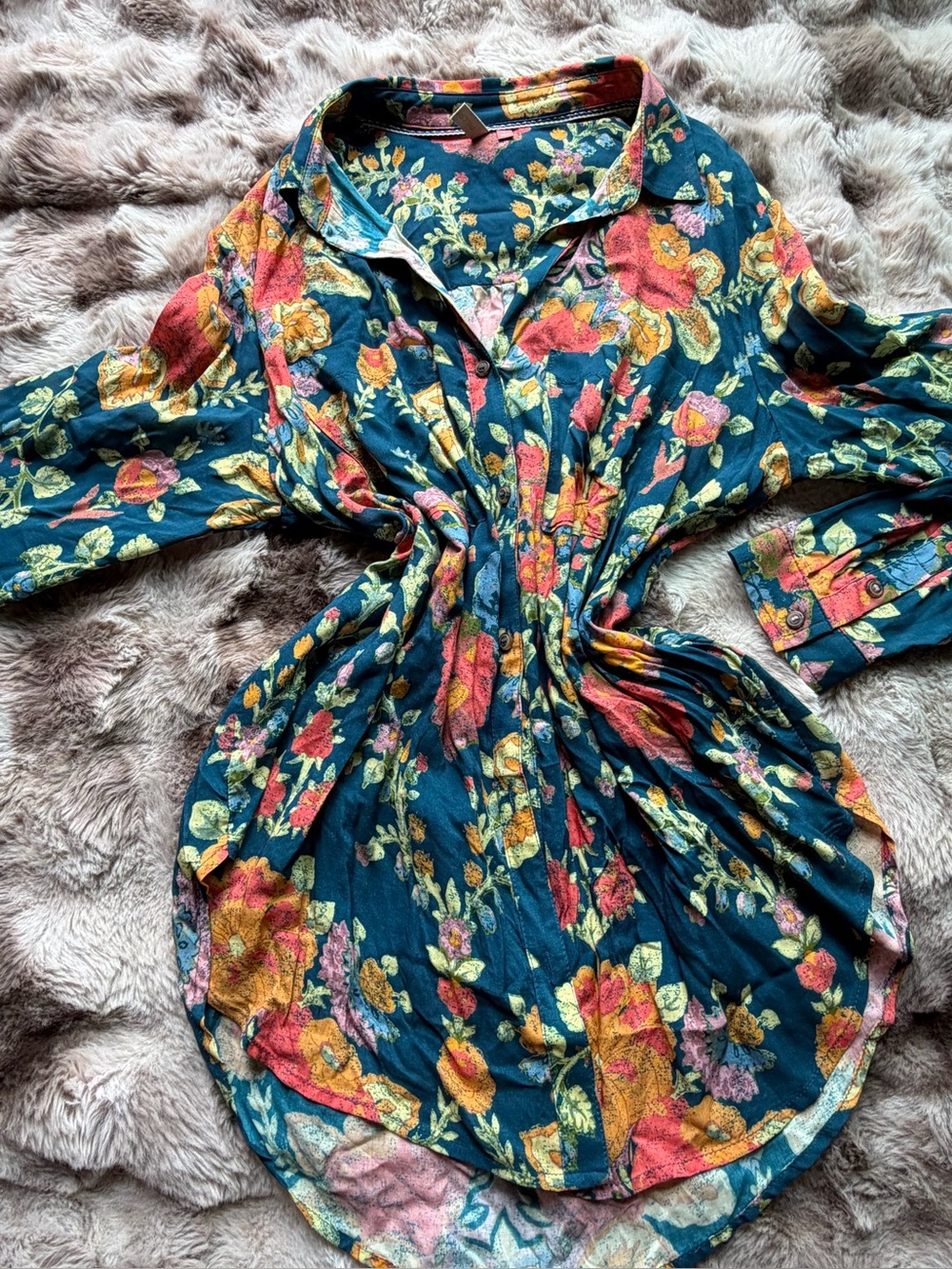 Pilcro Teal Floral Blouse with Coral and Yellow Accents